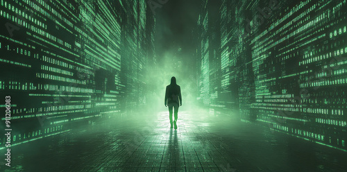 A hooded figure walks through a digital landscape filled with binary code. This image captures the essence of cyber security, anonymity, and the digital age's complexity. photo