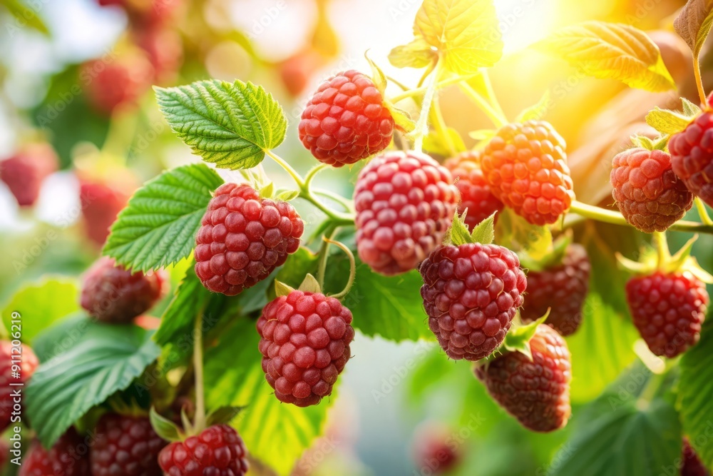 Closeup of Fresh Raspberries on a Branch with Sunbeams. Closeup of Fresh Raspberries on a Branch with Sunbeams.