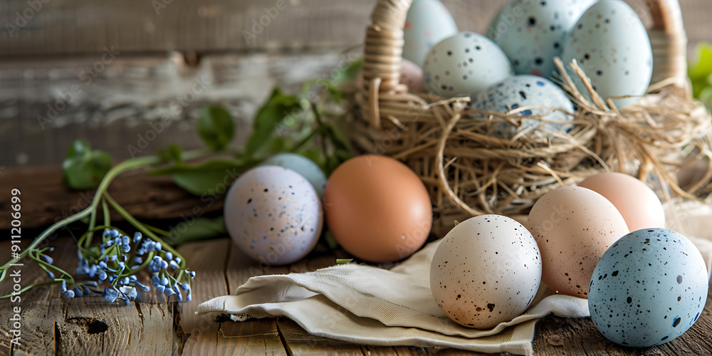 Obraz premium Rustic Easter eggs in a basket, brown and blue speckled, on a wooden table, perfect for spring and holiday decor. 