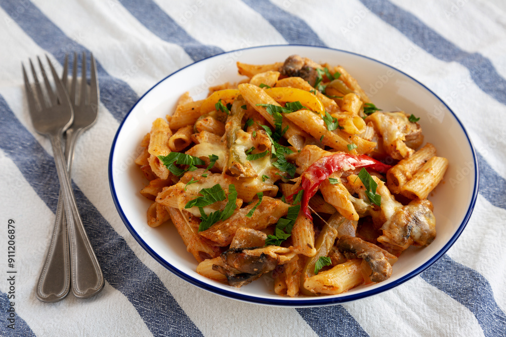 Homemade Fajita Pasta Bake on a Plate, side view. Homemade Fajita Pasta Bake on a Plate, side view.