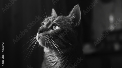 Monochromatic image of feline with dim lighting and narrow focus