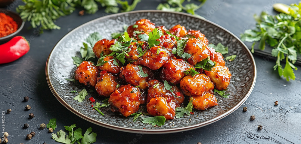 Indian Chinese Gobi Manchurian Plate with Garnishes and Room for Promotional Text Indian Chinese Gobi Manchurian Plate with Garnishes and Room for Promotional Text