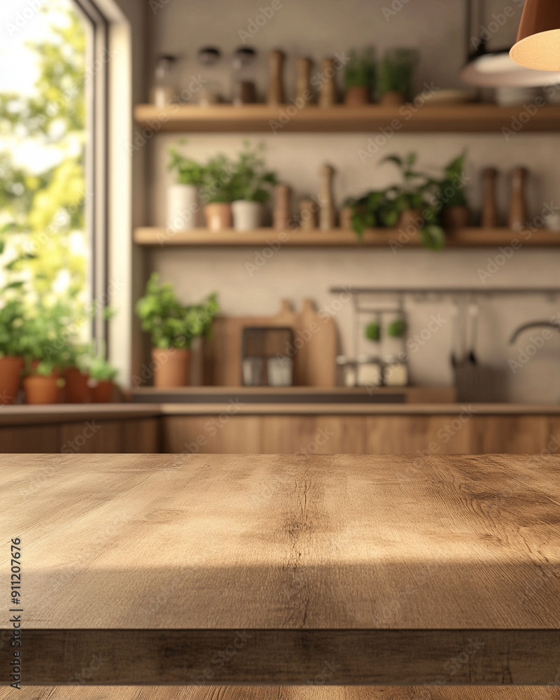 A wide table in the foreground in the kitchen A wide table in the foreground in the kitchen