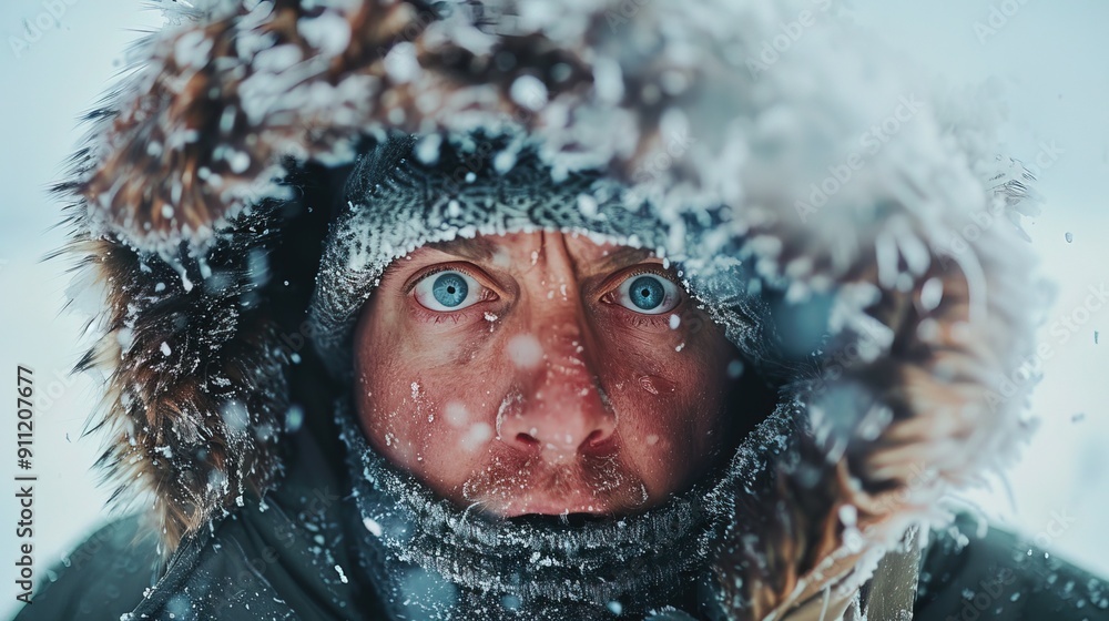 a frozen white man in fur jacket with a surprised expression, snow ice background a frozen white man in fur jacket with a surprised expression, snow ice background