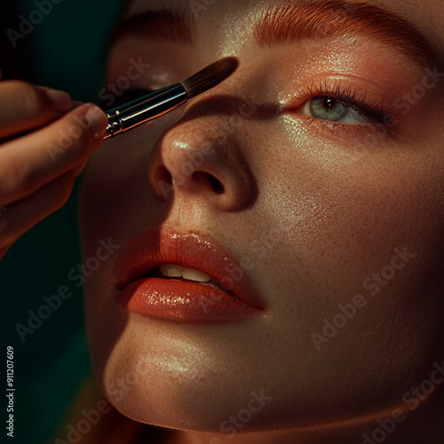 Close-up of makeup artist applying makeup on a model