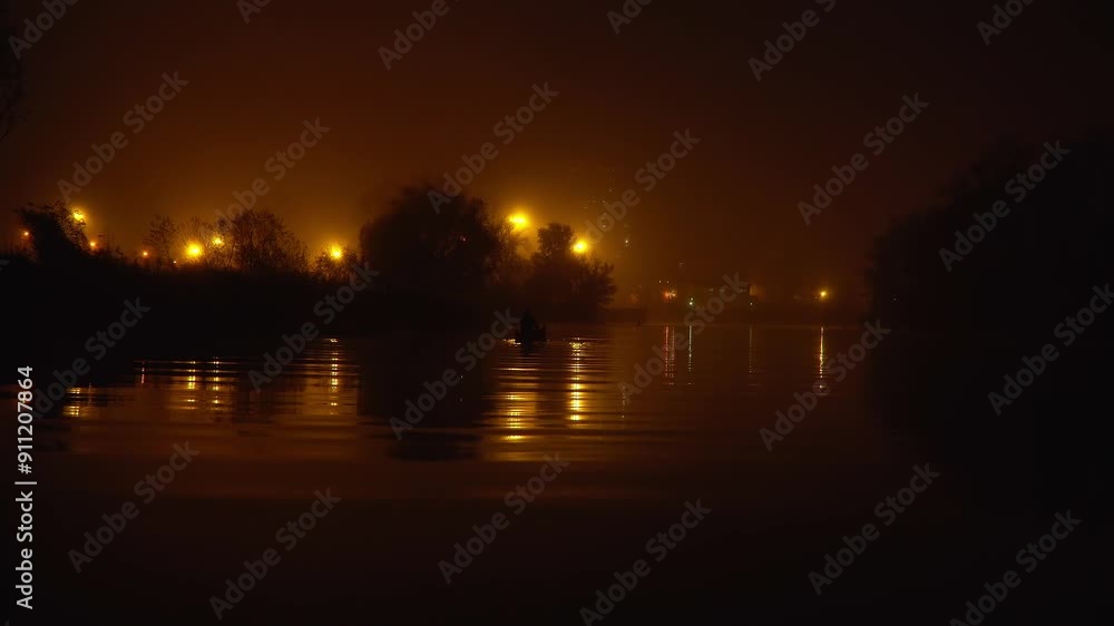 Silhouette of man in canoe on rippling river in the night shined by warm street lights Silhouette of man in canoe on rippling river in the night shined by warm street lights