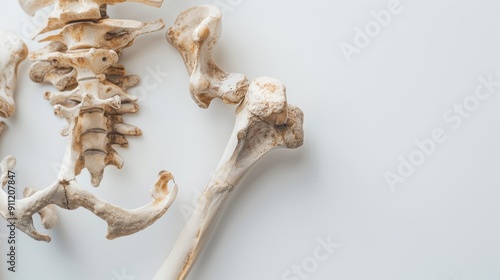 Real human skeleton parts forming the left part of the image and lying on a white background with copy space photo