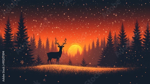 Silhouette of a majestic deer against a vibrant sunset, surrounded by snow-covered trees in a serene winter landscape. photo