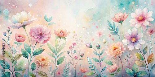 Pastel watercolor flowers with stems and leaves on a soft background , watercolor, pastel, flowers, stems, leaves, soft photo