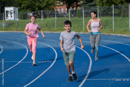 girl runs, runner, teenager, children's sports, runner, family engaged in sports, workout, warm-up, girl runs, woman runs, sports, treadmill, boy runs, happiness, childhood, happy family, funny boy