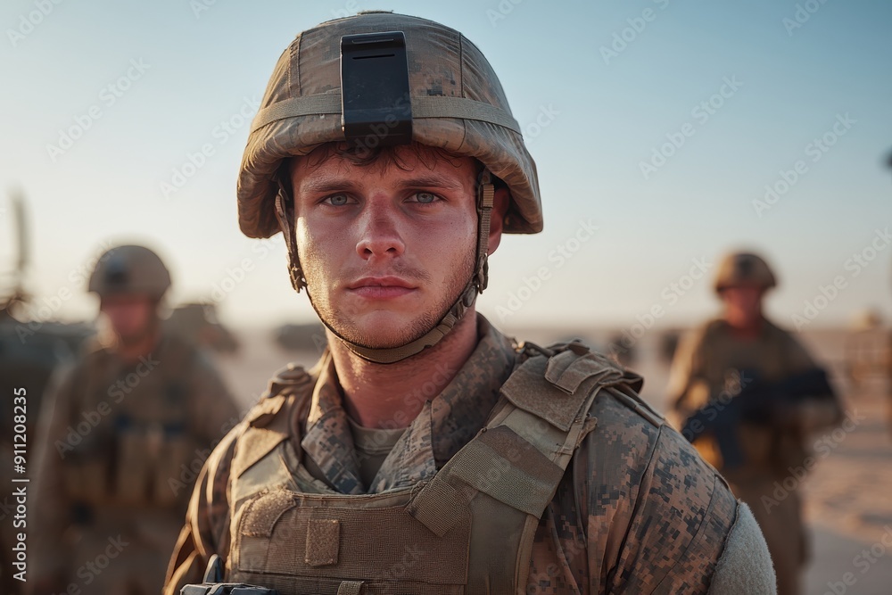 A young soldier with striking blue eyes stands confidently in a desert, wearing his military uniform and helmet, embodying strength and resolve. A young soldier with striking blue eyes stands confidently in a desert, wearing his military uniform and helmet, embodying strength and resolve.