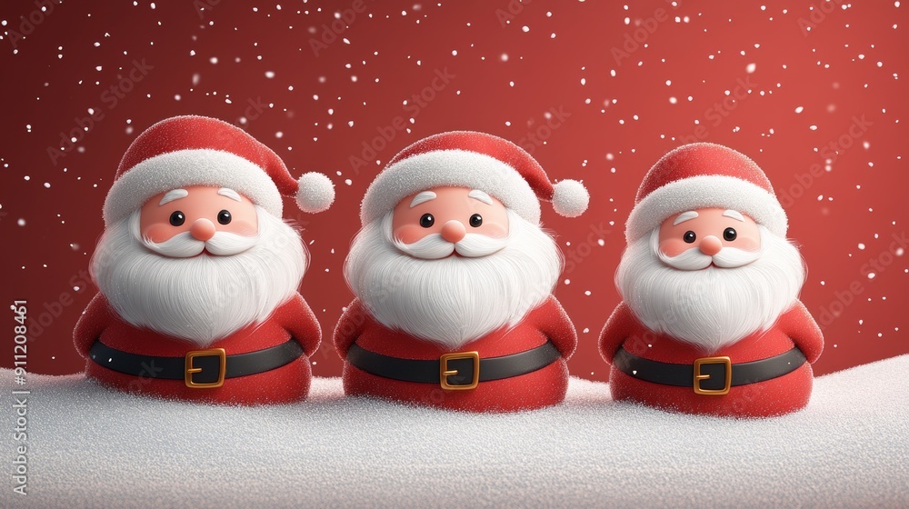 Three cheerful Santa Claus figurines against a snowy red background, perfect for holiday decorations and festive celebrations. Three cheerful Santa Claus figurines against a snowy red background, perfect for holiday decorations and festive celebrations.