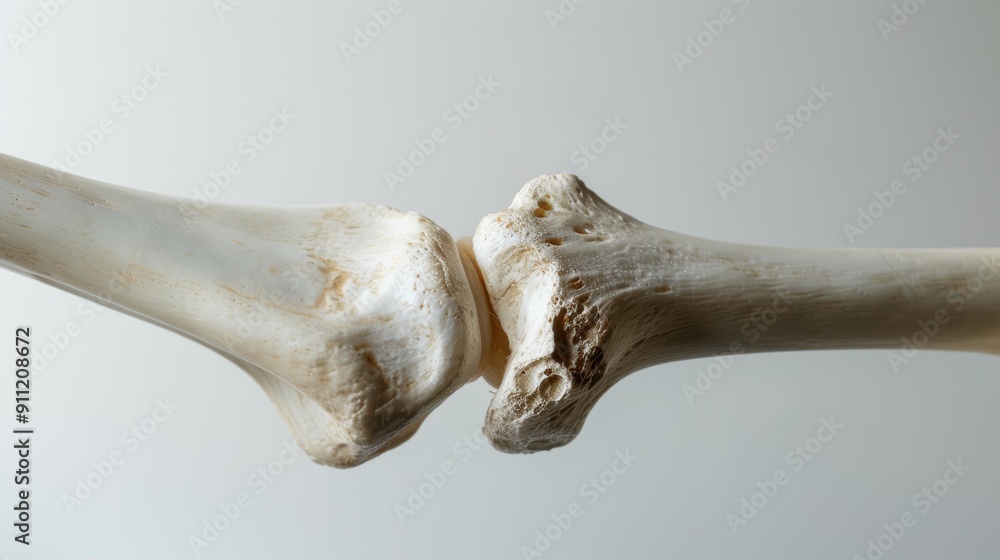Close up of an animal leg bone joint on white background showing texture and detail Close up of an animal leg bone joint on white background showing texture and detail