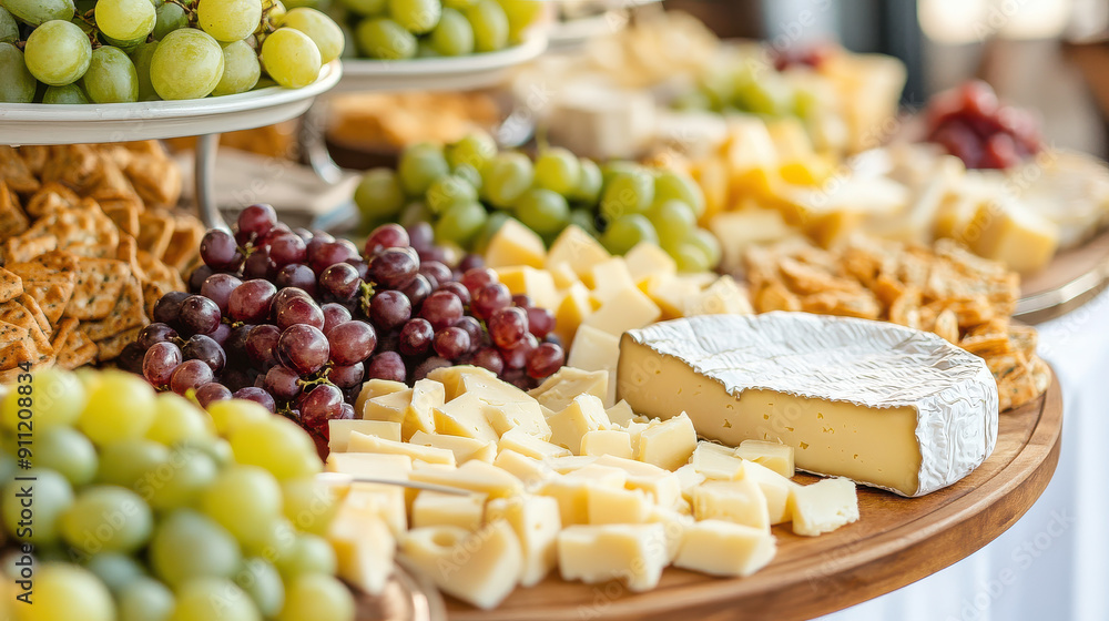 A delicious assortment of cheese, grapes, and crackers neatly arranged on a platter, ready to be enjoyed at a gathering or party, focusing on culinary delight. A delicious assortment of cheese, grapes, and crackers neatly arranged on a platter, ready to be enjoyed at a gathering or party, focusing on culinary delight.