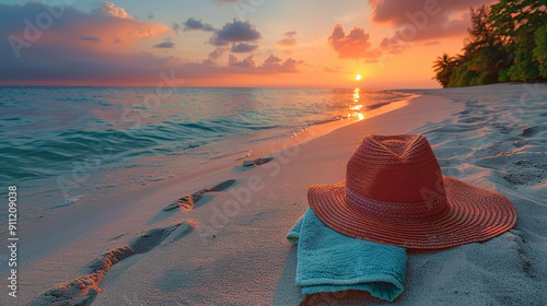 breathtaking sunset scene where a women's hat and a towel rest on the golden sands of a Maldivian beach