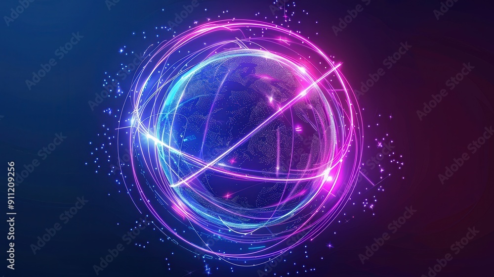 © kinara art design - A glowing blue and pink digital earth orb surrounded by light trails © kinara art design - A glowing blue and pink digital earth orb surrounded by light trails