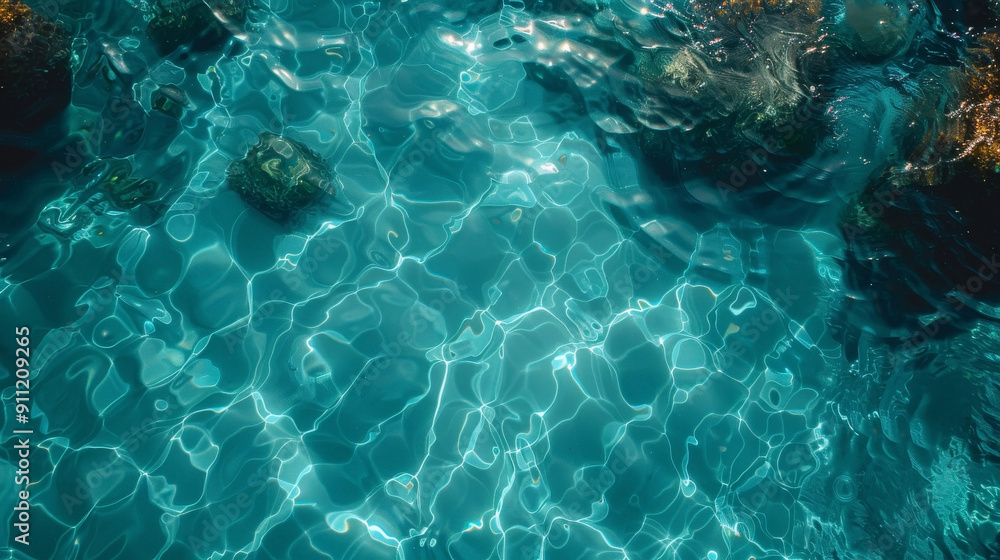 detailed aerial view of the texture of clear blue ocean water, where every detail is sharply defined. The water's surface is pristine and crystal-clear, allowing visibility of the sandy botto detailed aerial view of the texture of clear blue ocean water, where every detail is sharply defined. The water's surface is pristine and crystal-clear, allowing visibility of the sandy botto