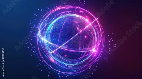 A glowing blue and pink digital earth orb surrounded by light trails photo