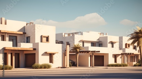 Modern luxury house in the desert on a sunny day with blue sky.
