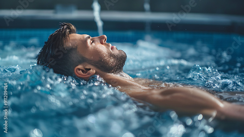 Relaxing man in a hot tub, blue and white, evoking tranquility and wellness for spa and relaxation themes. 
