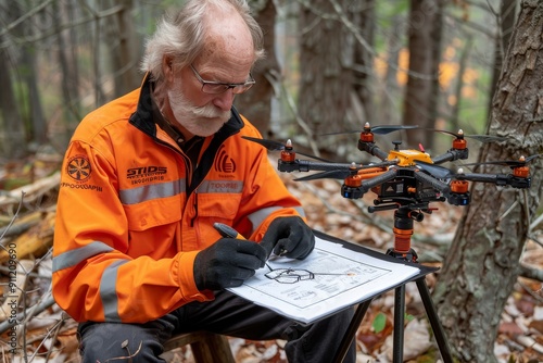 Man in Orange Jacket Uses Drone for Forestry Work in Autumn Forest