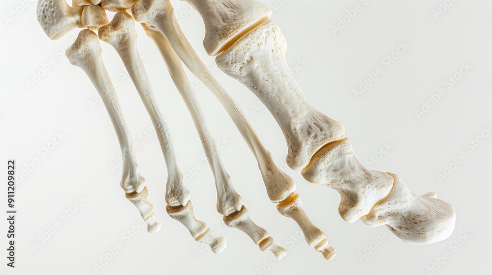 Close-up view of a model human foot skeleton showing the tarsal, metatarsal, and phalanges bones on a white background Close-up view of a model human foot skeleton showing the tarsal, metatarsal, and phalanges bones on a white background