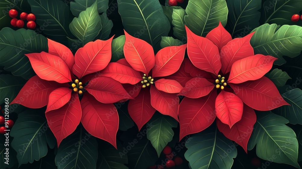 Obraz premium Vibrant red poinsettia flowers with green leaves, perfect for holiday decorations and seasonal designs.