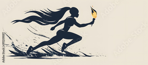 A dynamic and minimalistic silhouette of a female runner holding the Olympic torch, depicted against a light background. 