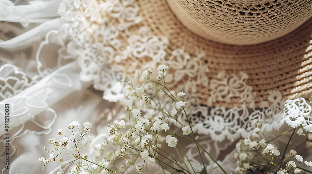 Obraz premium A straw hat and white flowers on a white lace fabric evoke a sense of summery elegance and romance. 