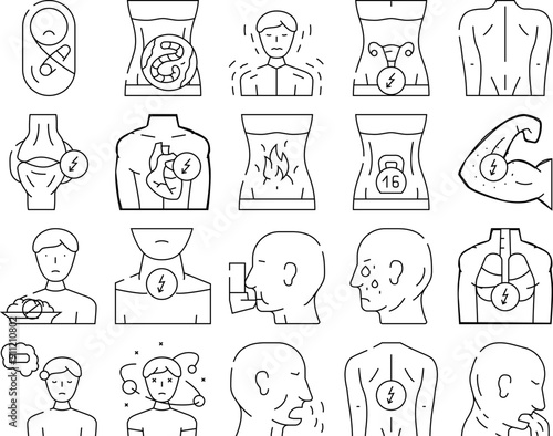 Sick Health Problem And Allergy Icons Set Vector. Children Pain And Backache Sick, Burning In Stomach And Feeling Of Heaviness, Sore Throat And Disorientation Disease Black Contour Illustrations