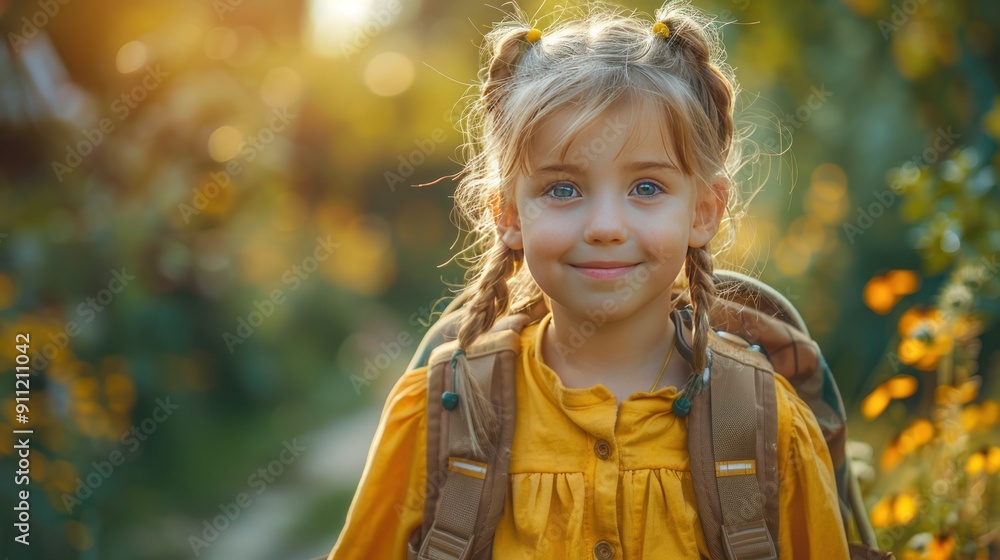 Little girl smiling with backpack outdoors Little girl smiling with backpack outdoors