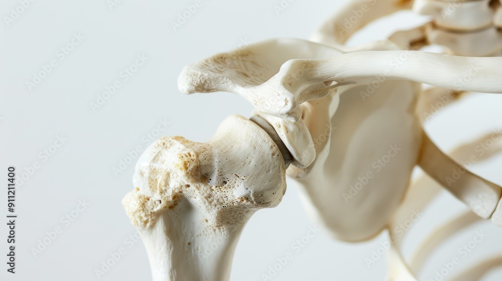 Fototapeta premium Close up of a human shoulder joint showing the scapula, clavicle, and humerus bones on a white background