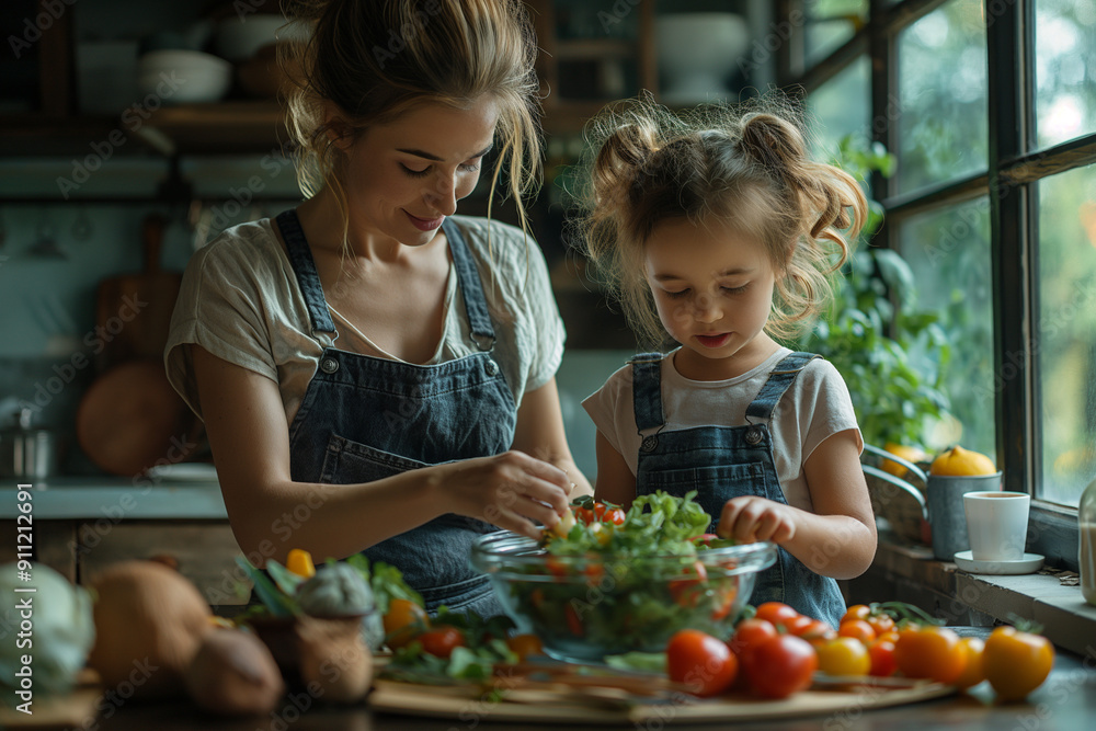 Mother and daughter making salads together in the kitchen Mother and daughter making salads together in the kitchen