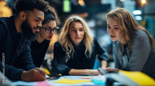 A diverse group of businesspeople gathers around a table, discussing ideas and reviewing documents in a contemporary office environment.