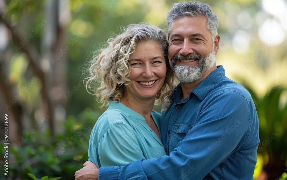 Smiling Couple Embracing Outdoors in a Park Smiling Couple Embracing Outdoors in a Park