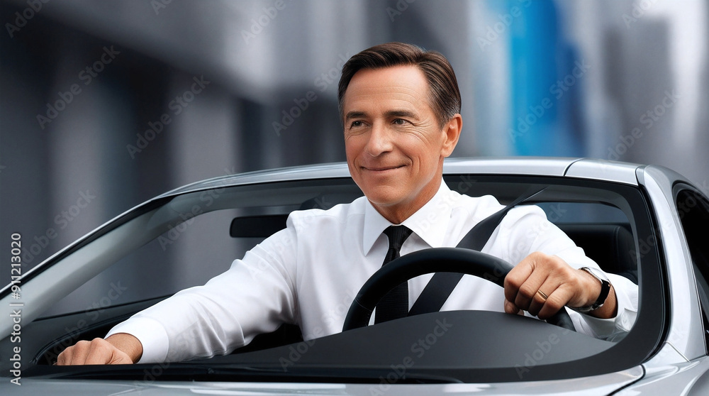 A middle-aged man drives a car A middle-aged man drives a car