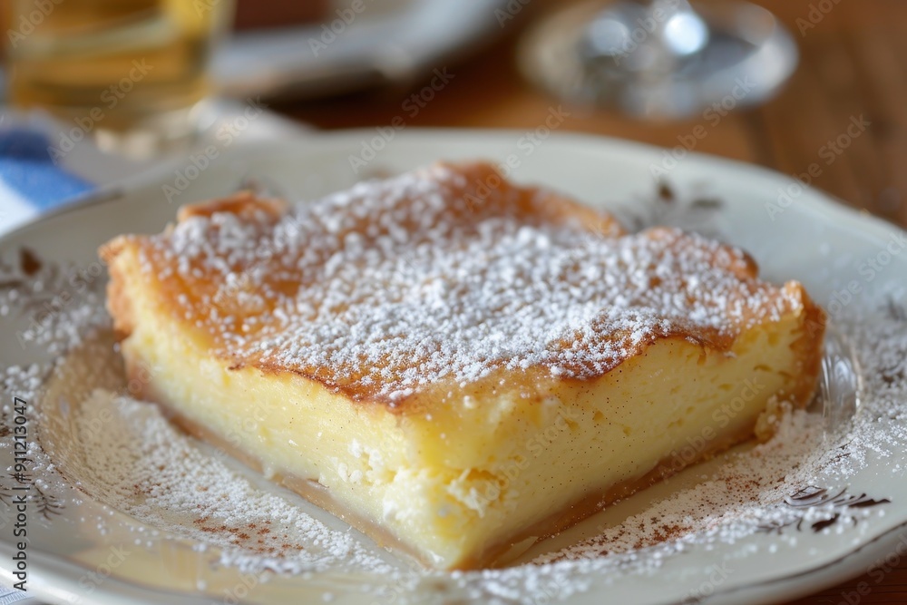 A serving of galatopita, a creamy semolina custard pie sprinkled with powdered sugar and cinnamon. A serving of galatopita, a creamy semolina custard pie sprinkled with powdered sugar and cinnamon.
