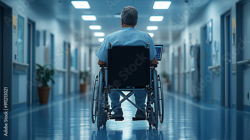 Patient in a wheelchair with a tablet mounted on the armrest, highly detailed realistic image