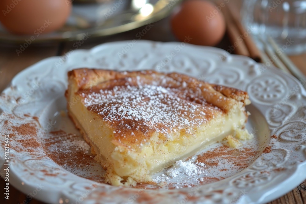 A serving of galatopita, a creamy semolina custard pie sprinkled with powdered sugar and cinnamon. A serving of galatopita, a creamy semolina custard pie sprinkled with powdered sugar and cinnamon.