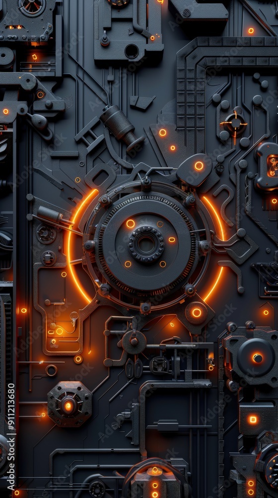 Fototapeta premium Glowing Orange Lines on a Black, Mechanical Surface