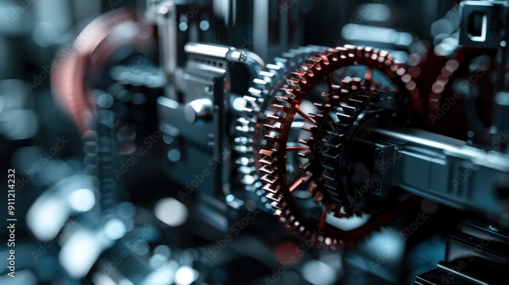Fototapeta premium Intricate metallic gears and copper coils function inside a complex industrial machine under cool artificial lighting.