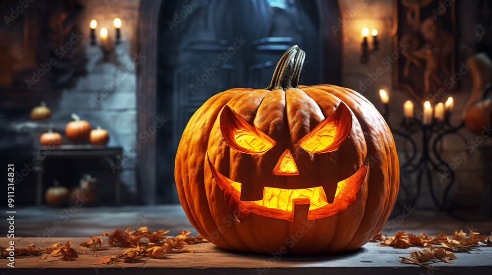 Halloween Pumpkin In A Spooky Forest At Night - Scary Scene Halloween Pumpkin In A Spooky Forest At Night - Scary Scene