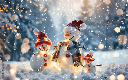 A heartwarming winter scene with a family of snowmen in red hats and white snow. 
 photo