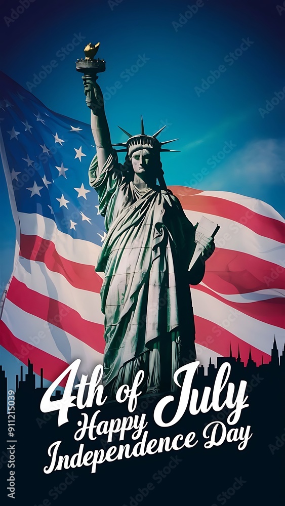 Naklejka premium Celebrate the spirit of freedom with the iconic Statue of Liberty on, USA Independence Day, featuring a patriotic American flag background, perfect for the—4th of July, festivities and celebrations.