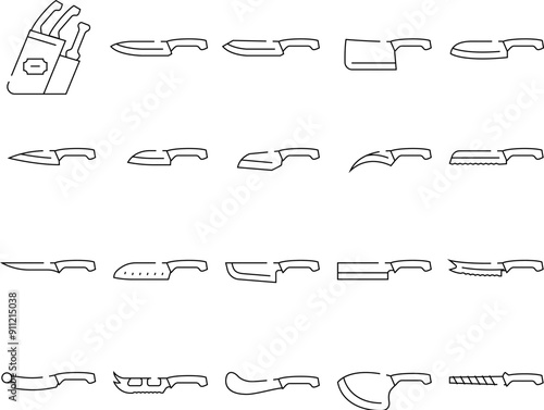 Kitchen Knife For Cutting Food Icons Set Vector. Chef Kitchen Knife For Cut Meat Fillet And Tomatoes, Bread And Pizza, Nakiri For Vegetables And Fruits. Cooker Sharp Blade Equipment Color