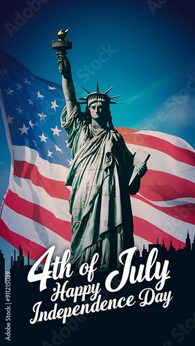 Celebrate the spirit of freedom with the iconic Statue of Liberty on, USA Independence Day, featuring a patriotic American flag background, perfect for the—4th of July, festivities and celebrations.