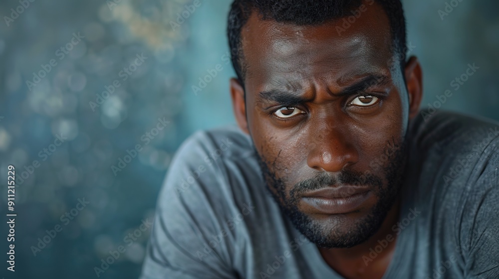 Black man with a pensive or displeased expression featuring a furrowed brow and a slight frown Black man with a pensive or displeased expression featuring a furrowed brow and a slight frown