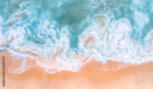 Aerial view of the sandy beach and sea waves, with an ocean background