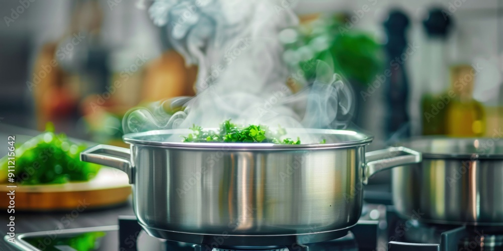 Fresh Greens Cooking in a Pot with Steam. Generative ai Fresh Greens Cooking in a Pot with Steam. Generative ai