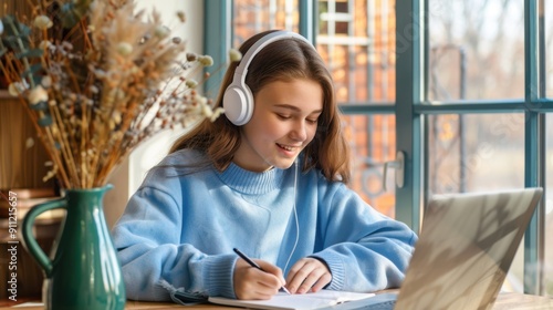 The girl with headphones studying photo